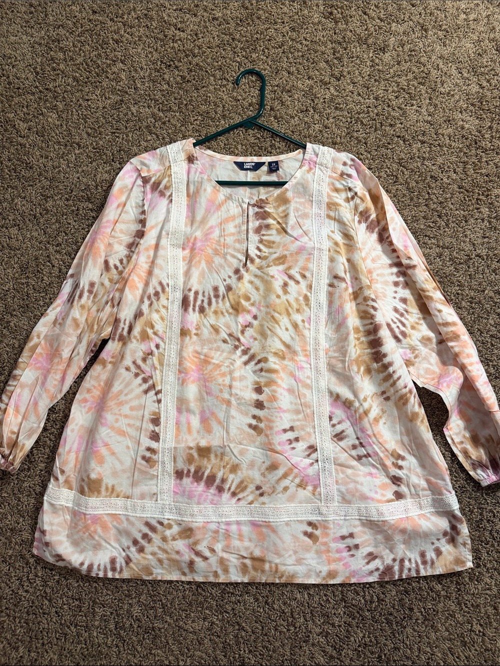 Lands' End Tie-Dye Peasant Tunic in Pink, Tan, Brown
